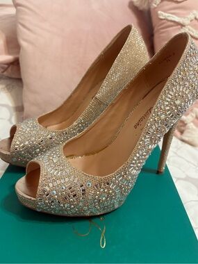 Lauren Lorraine Champagne Crystal Embellished Peep-Toe Stilettos